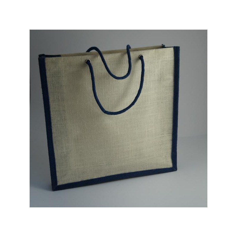 Sac cabas en jute coloris naturel et bleu, 35x10x36cm